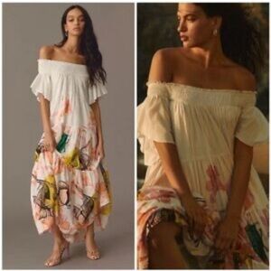 Anthropologie White and Pink Off-Shoulder Maxi Dress